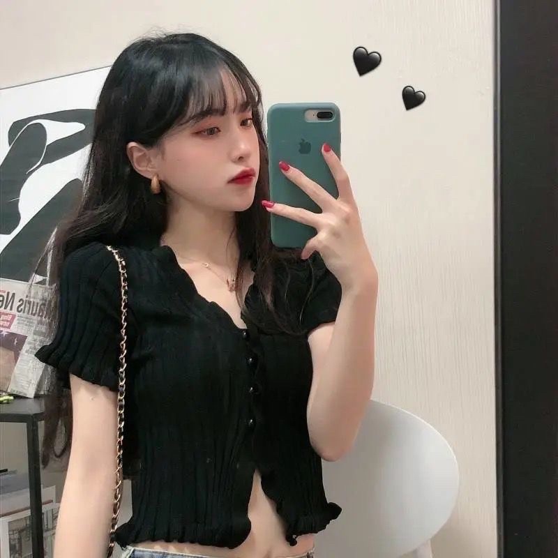 Áo len tay ngắn thời trang kiểu xẻ tà ôm dáng cho nữ thời trang