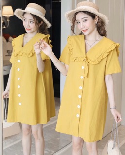 Đầm vàng cổ bèo nút trắng (kèm hình thật)