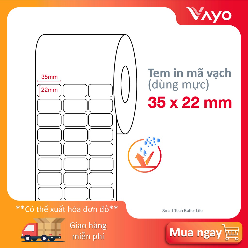 Tem nhãn in mã vạch 35x22mm, 3 tem/hàng (dùng mực), tự dính, chống nước