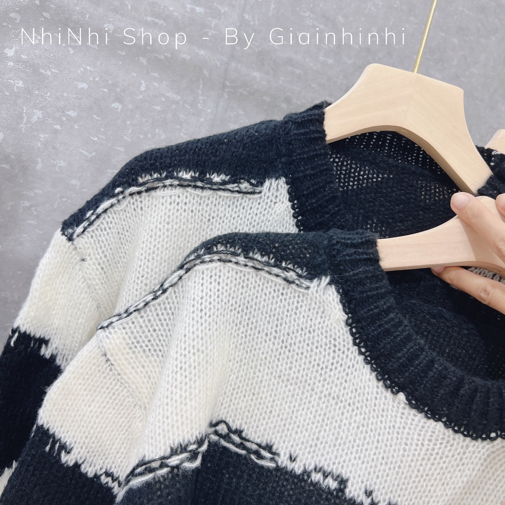 Áo len sợi sọc đen trắng form rộng chùm mông AL2312 - NhiNhi Shop