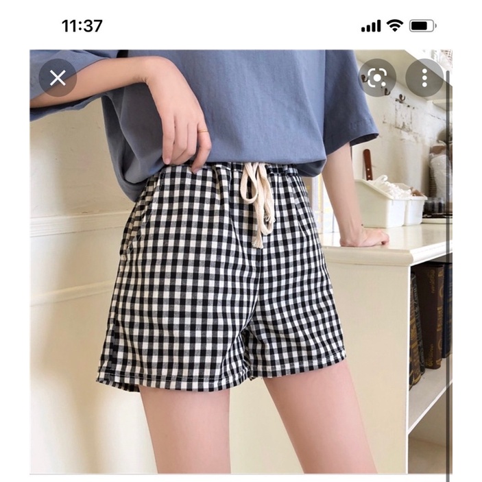 Quần short kẻ caro- quần sooc đùi ống rộng caro chất thô đũi phong cách ulzzang
