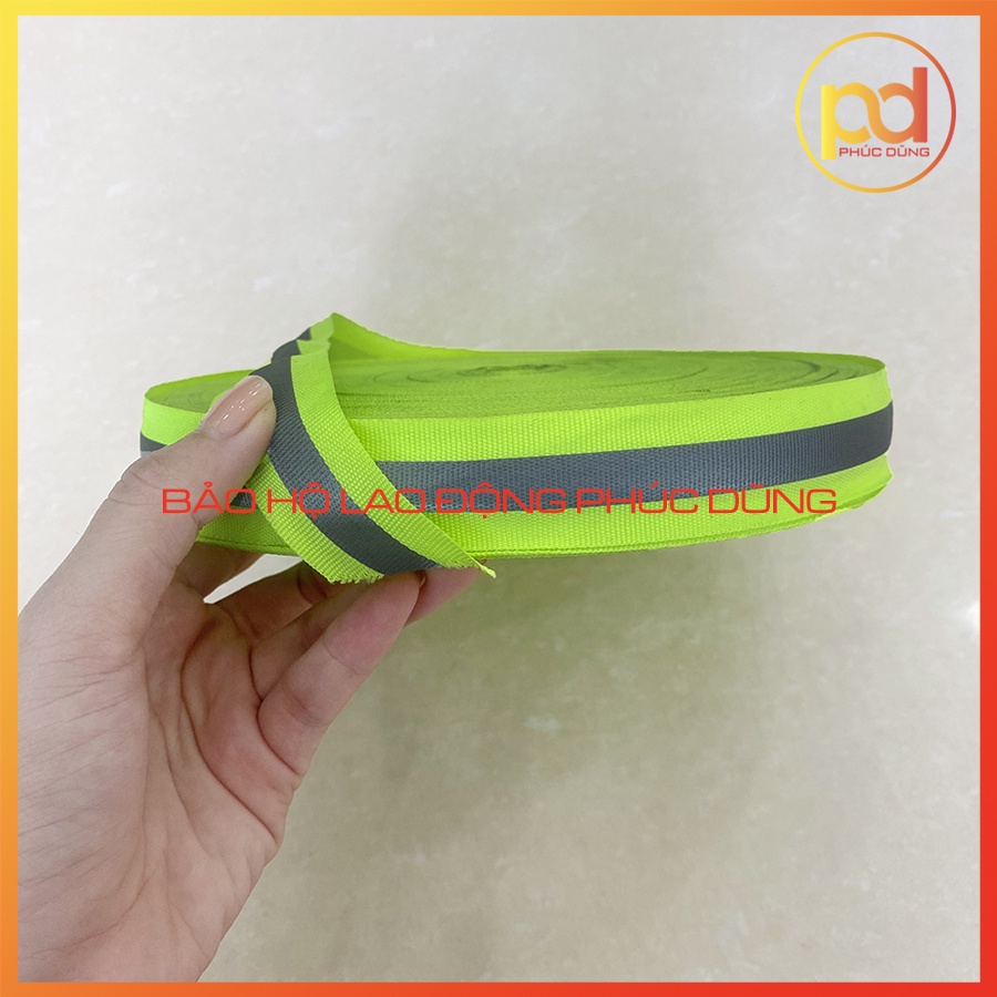 Cuộn dây phản quang 100m phát sáng may áo màu xanh chuối và cam sọc bạc - loại 2,5 cm hoặc 5cm - Có bán lẻ theo m