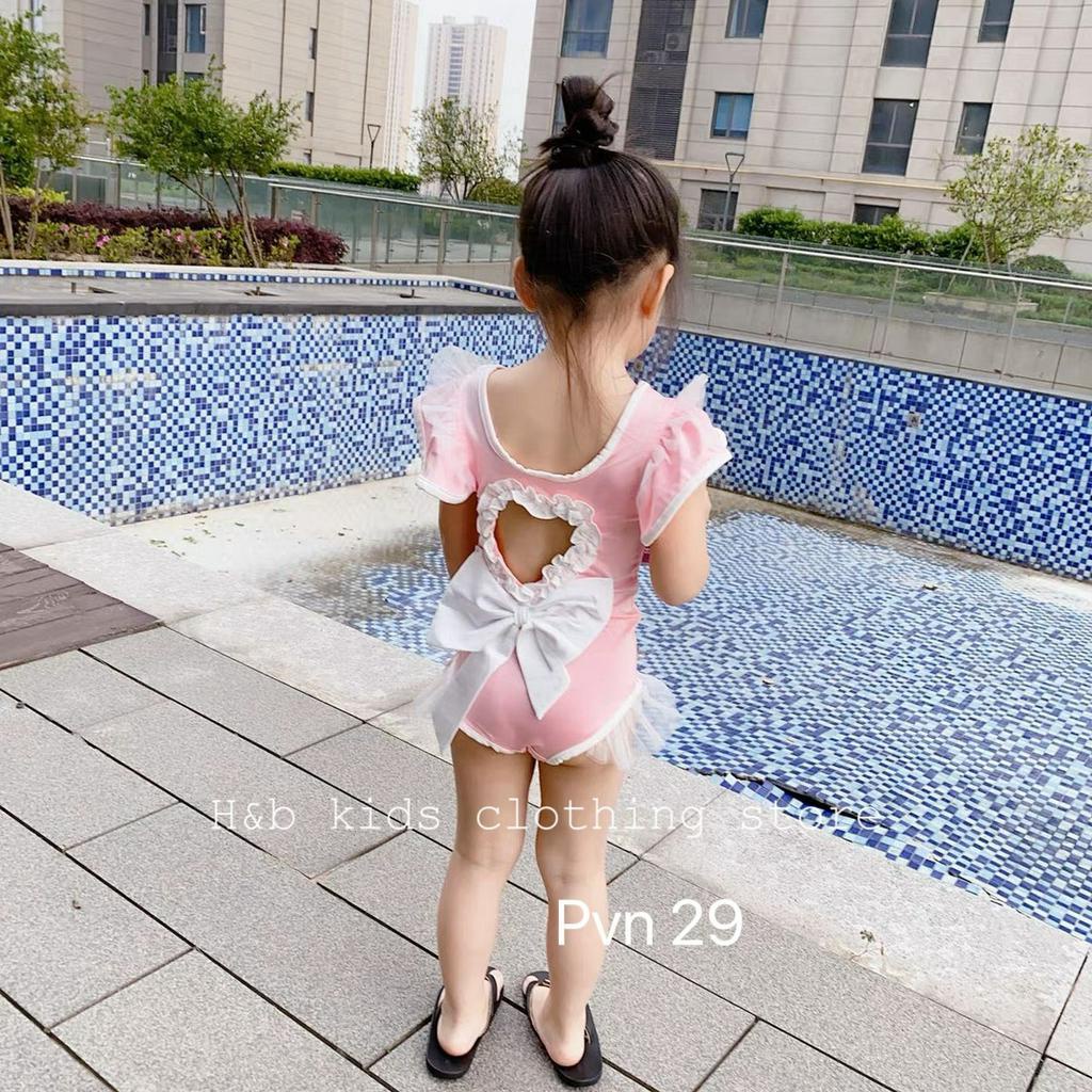 Đồ bơi cho bé gái , sét bộ bikini bèo vai nơ lưng kèm mũ cho bé gái