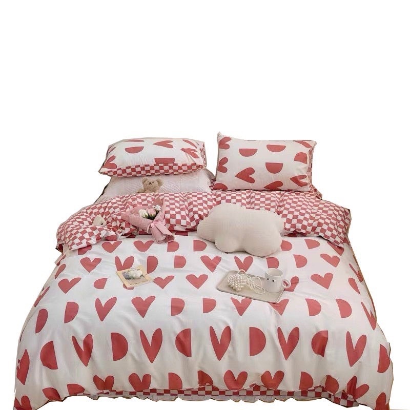 Bộ Chăn Ga Gối Cotton Poly Hizun Mẫu Tim Khuyết Hồng