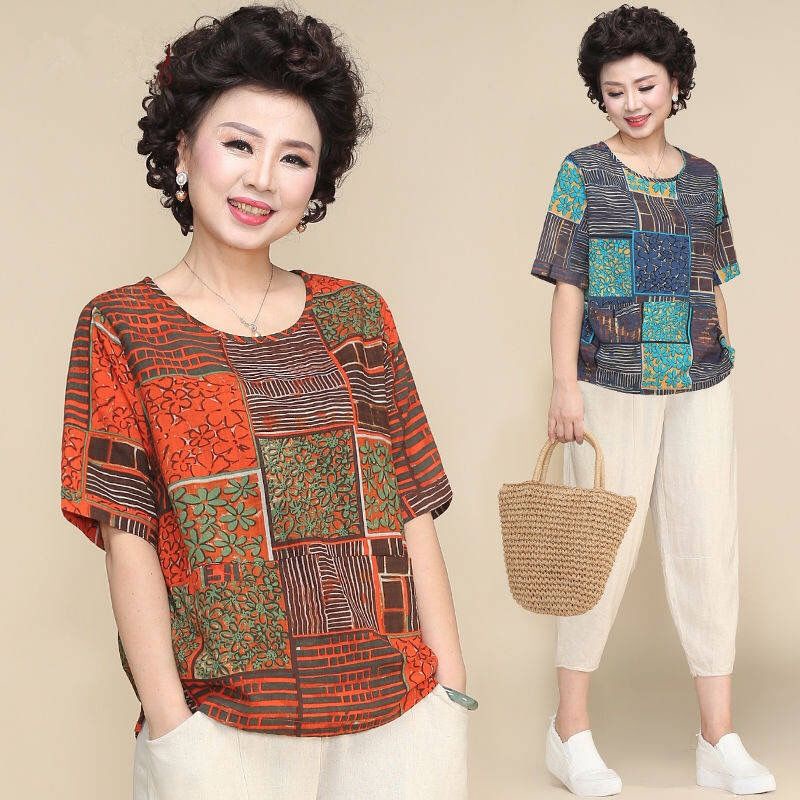 Áo thun tay ngắn dáng rộng in họa tiết thời trang cho phụ nữ trung niên