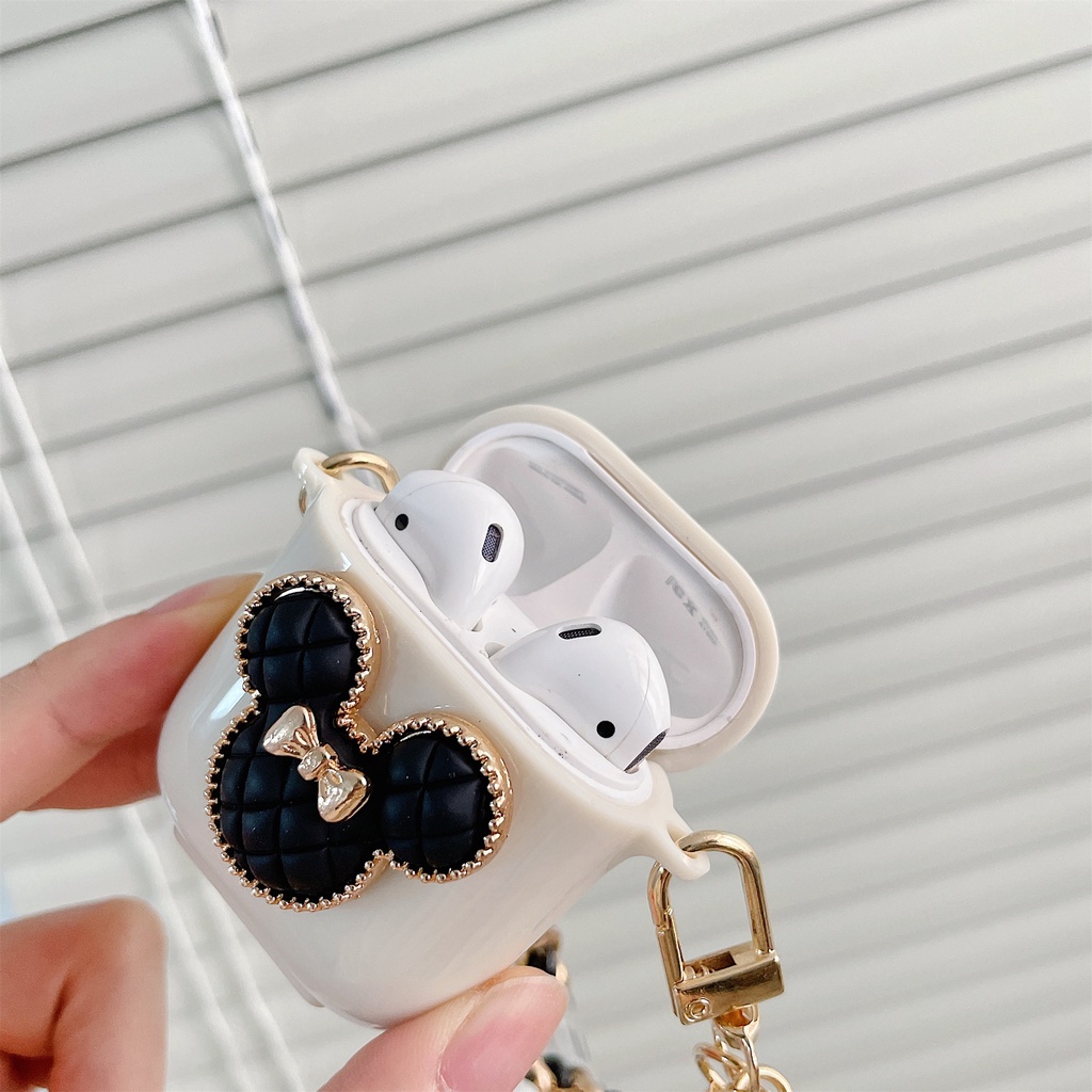 Vỏ Bảo Vệ Hộp Sạc Tai Nghe Bluetooth Không Dây airpods3/pro/ airpods1/2 Họa Tiết Chuột Mickey Màu Đen Đính Ngọc Trai Dễ Thương DIY