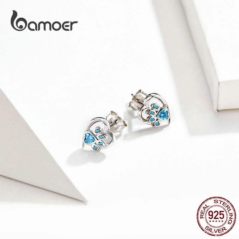 Bông Tai Bamoer SCE654 Hình Móng Mèo Bằng Bạc 925 Phối Pha Lê Xanh Hình Trái Tim Độc Đáo Dễ Thương