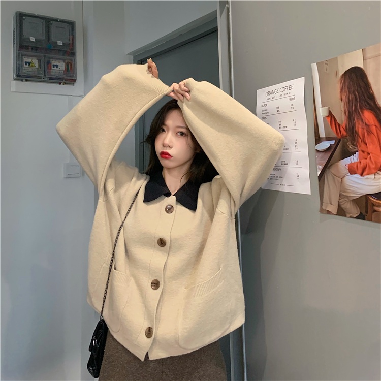 Áo khoác Cardigan dệt kim tay dài 173759Áo Sweater cổ POLO dáng rộng phối nút màu sắc trẻ trung xinh xắn | BigBuy360 - bigbuy360.vn