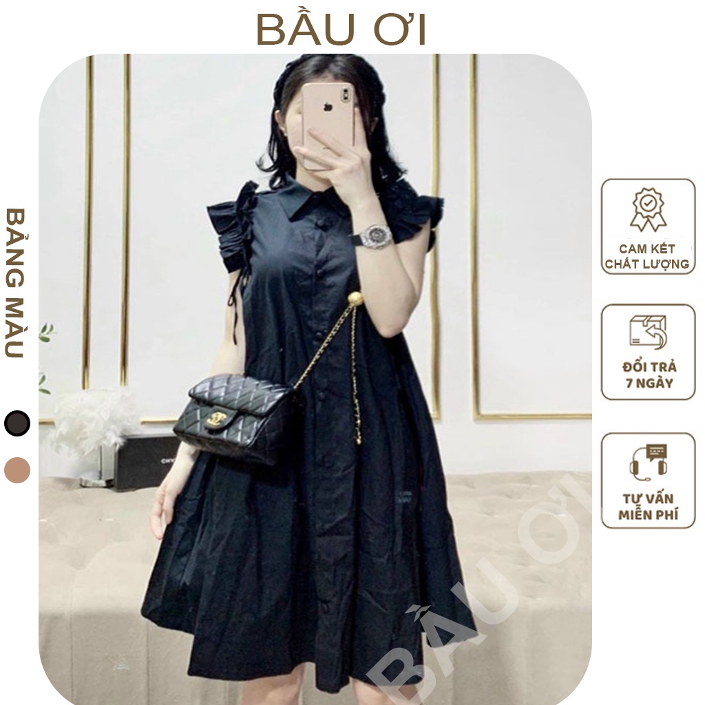 [BAUOI] VÁY BẦU SÁT NÁCH - CỔ SƠ MI TAY BÈO, DÁNG XUÔNG PHÔNG RỘNG ĐẸP - KHUY THẬT CHẤT MÁT MÀU NÂU, ĐEN