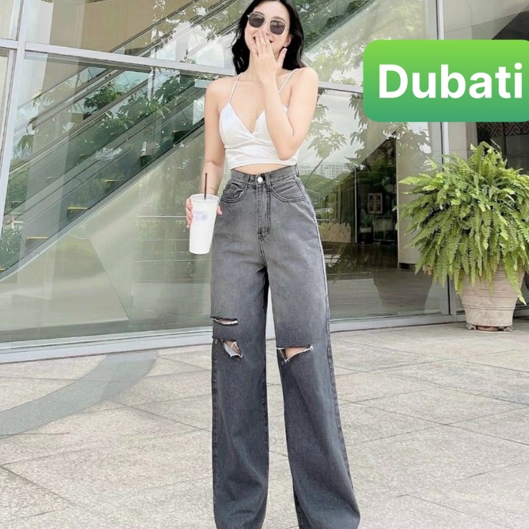 QUẦN JEANS CHẤT BÒ, ỐNG SUÔNG RỘNG RÁCH LOANG 2 MÀU ĐEN CẠP CAO DÀI CHÂN SIÊU TÔN DÁNG XỊN SÒ MỚI - DUBATI FASHION