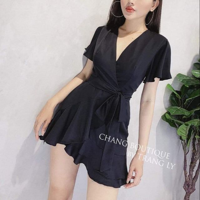 Đầm cổ v tà chéo cột eo màu đen size 65-90 ki