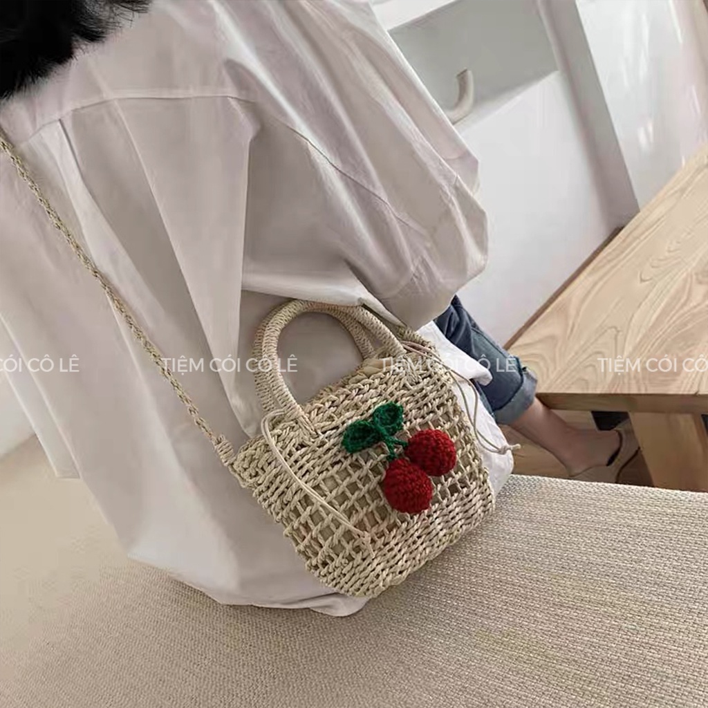 Túi cói thưa Cherry quai bện siêu dễ thương cho bạn gái đi biển - Tiệm Cói Cô Lê