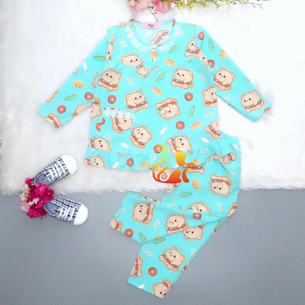 Đồ Bộ Pijama Satin Lụa Hàn "Gấu Ham Bơ Gơ" Cổ Ren Quần Dài Cho Bé - Từ 12kg - 42kg.