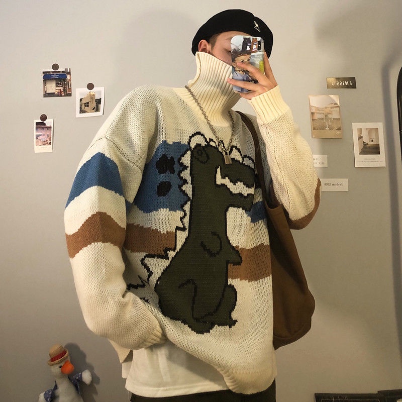Áo sweater cổ cao tay dài dáng rộng in hình khủng long kiểu Hàn Quốc thời trang mùa đông mới cho nam