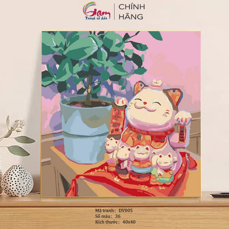 Tranh tô màu theo số mèo chiêu tài thần tài Gam tự tô thư giãn giảm stress DV005 40x40cm