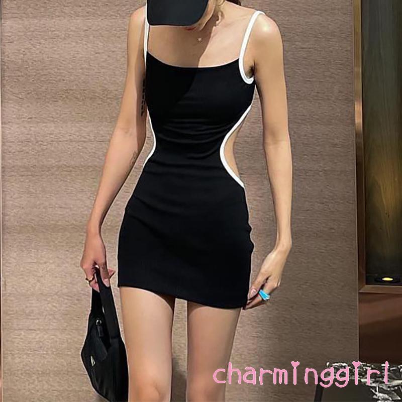 Chm-đầm Mini Hai Dây Ôm Dáng Hở Lưng Phối Màu Tương Phản Cho Nữ