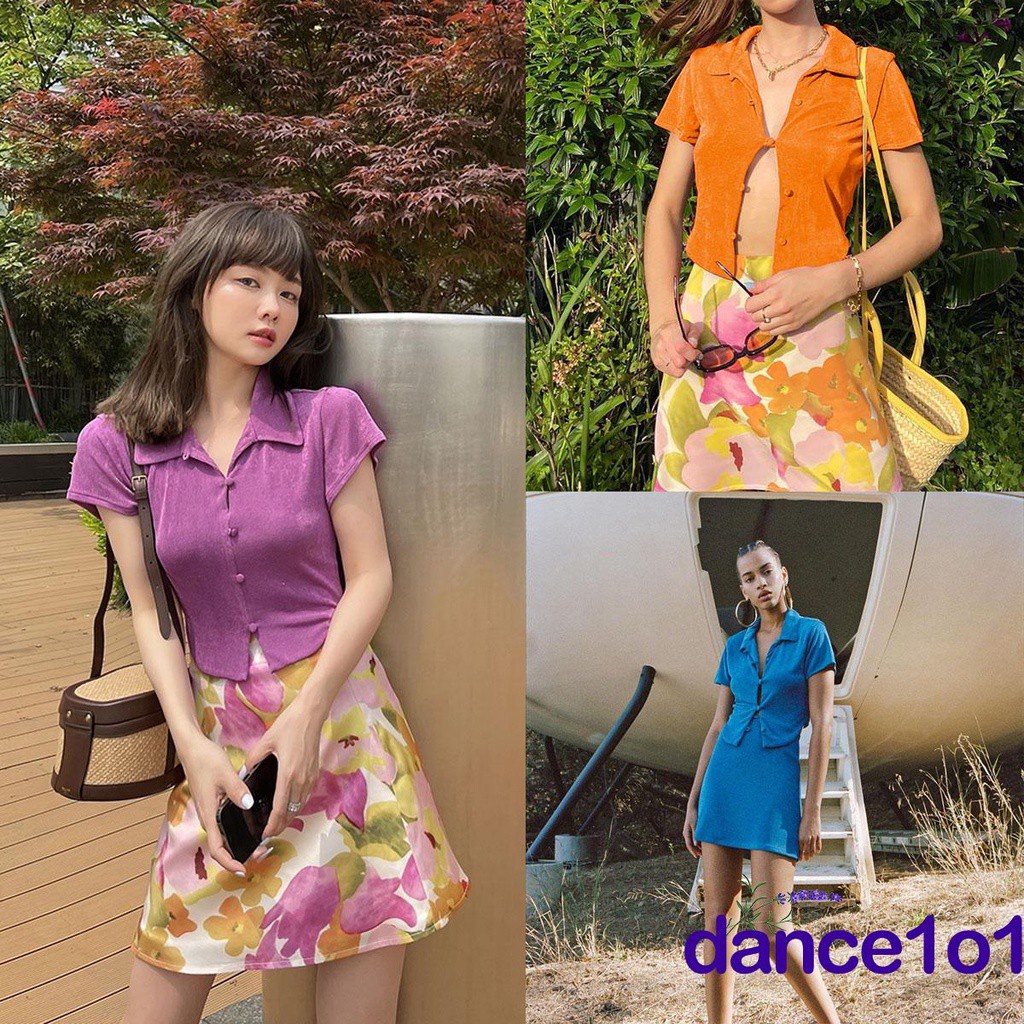 Áo Sơ Mi Tay Ngắn Màu Sắc Đơn Giản Phong Cách Vintage Cho Nữ