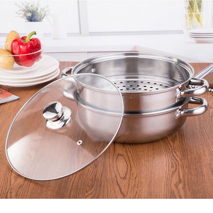 Nồi hấp inox 2 tầng size 28 cm tiện lợi dùng được tất cả các loại bếp