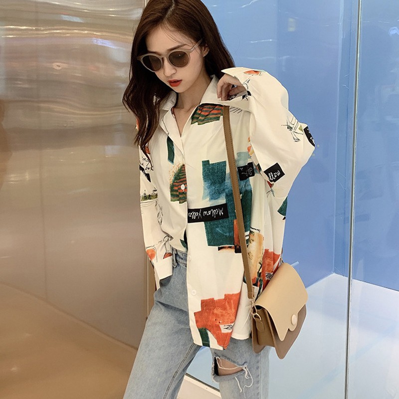 Áo sơ mi dài tay form rộng in họa tiết hoạt hình phong cách vintage thời trang | BigBuy360 - bigbuy360.vn