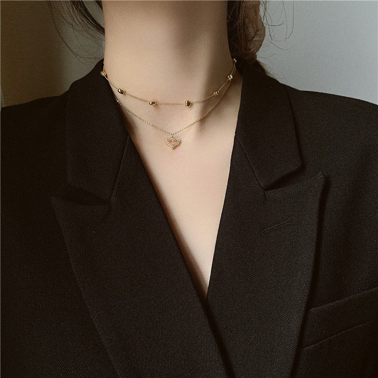 Korean gold multi-layered love full diamond necklace Japan and South Korea personality short temperament clavicle chain necklace can be detached