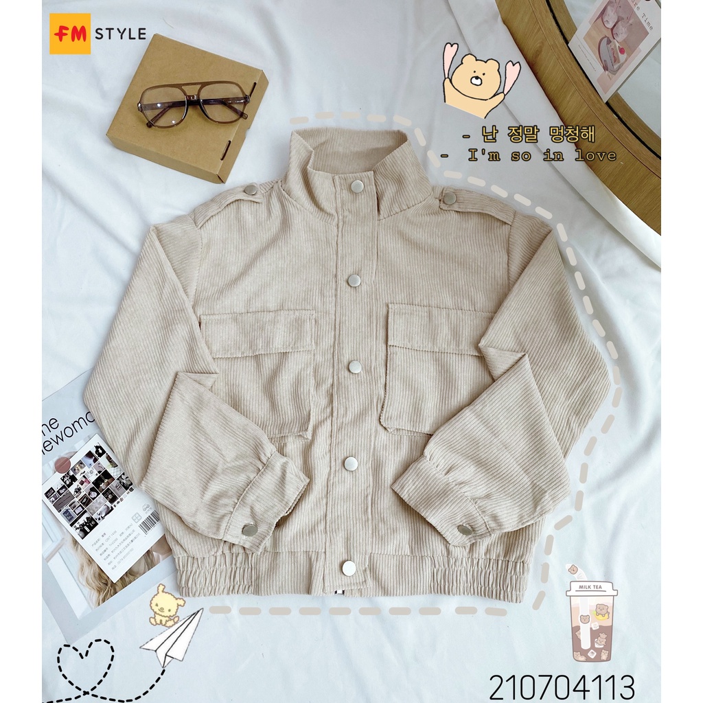 Áo khoác kaki nữ FM Style form rộng dáng ngắn chất xịt phối túi siêu xinh thời trang thu đông 210704113