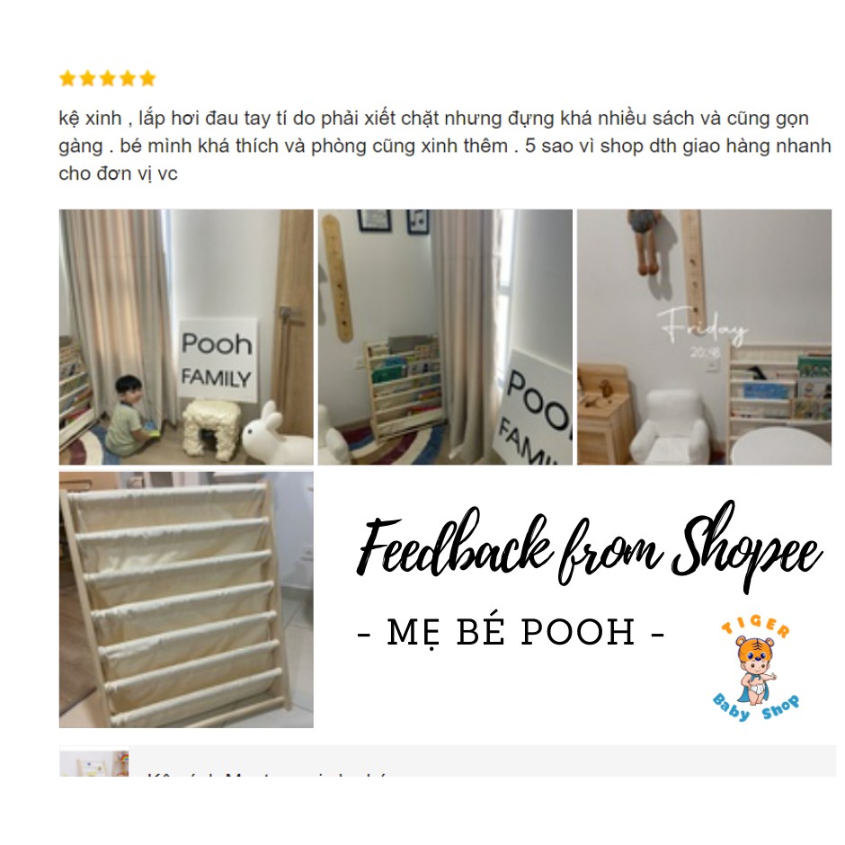 Kệ sách Montessori 7 tầng làm từ 100% gỗ thông tự nhiên và vải canvas cho bé đựng sách nuôi dưỡng tình yêu đọc sách