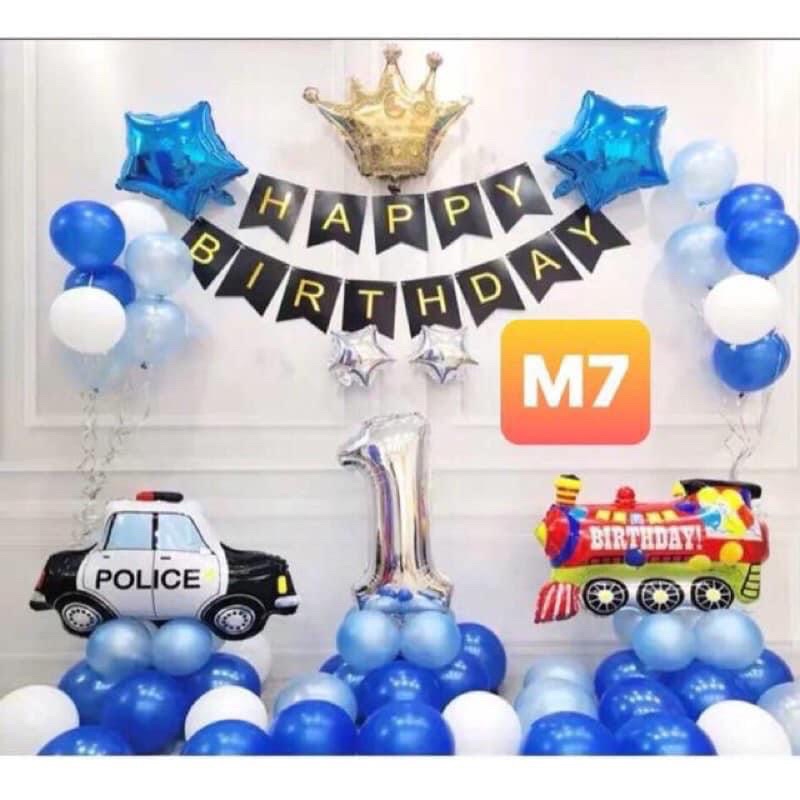 Set bong bóng phụ kiện trang trí sinh nhật, party cho bé trai, họa tiết xe cảnh sát, xe cứu hỏa