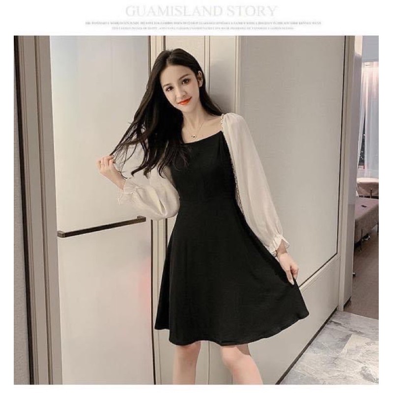 Váy thun cổ vuông phối tay trắng
