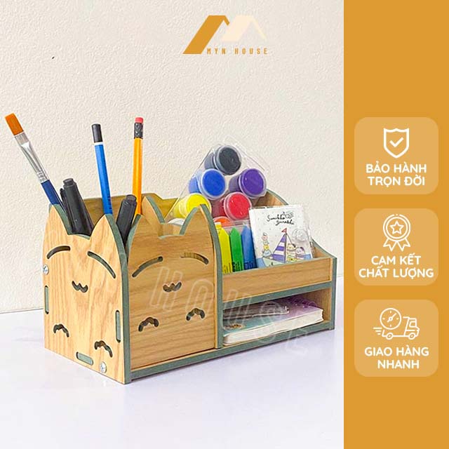 Kệ hình mèo cute đựng bút nhiều ngăn gỗ MDF chống xước chống nước để bàn văn phòng phẩm