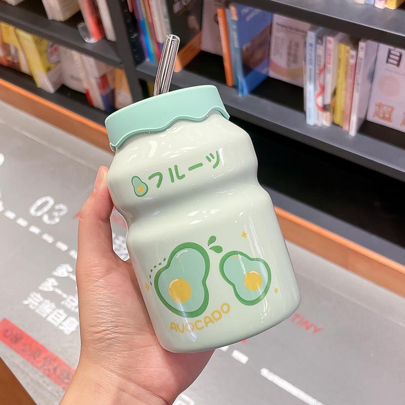Cốc Uống Nước Bằng Sứ Có Nắp Đậy Và Ống Hút Họa Tiết Dễ Thương Thời Trang Mùa Hè
