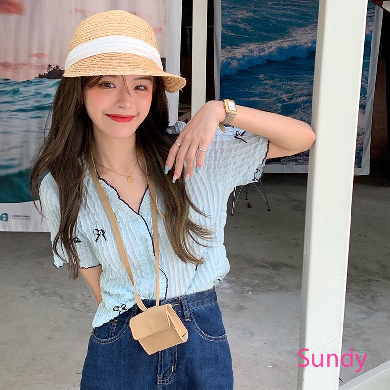 Áo Sơ Mi Ngắn Tay Cổ V Thắt Nơ Phong Cách Phương Tây Thời Trang Mùa Hè Dành Cho Nữ