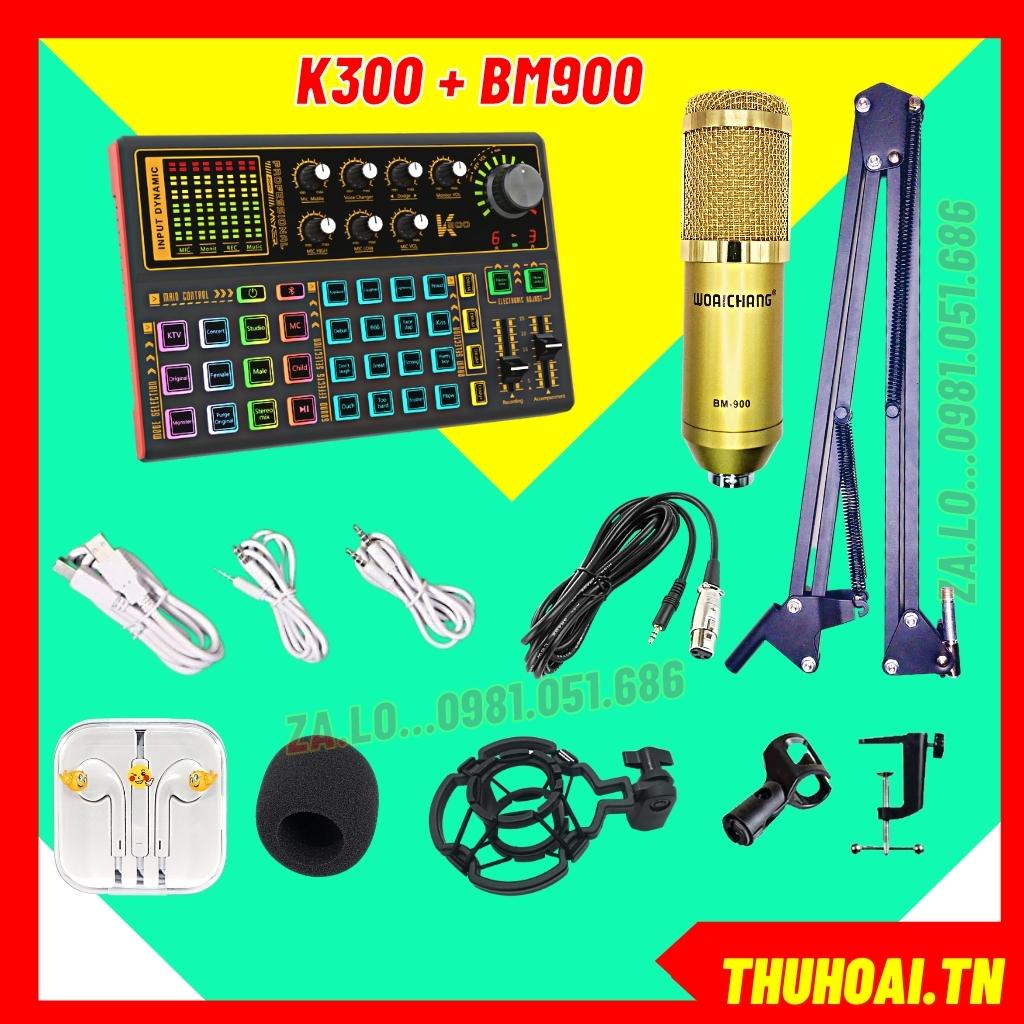 Bộ mic thu âm, livestream sound card K300 & mic BM900 có tiếng cười nói vỗ tay, bluetooth, giả giọng trẻ con phụ nữ...