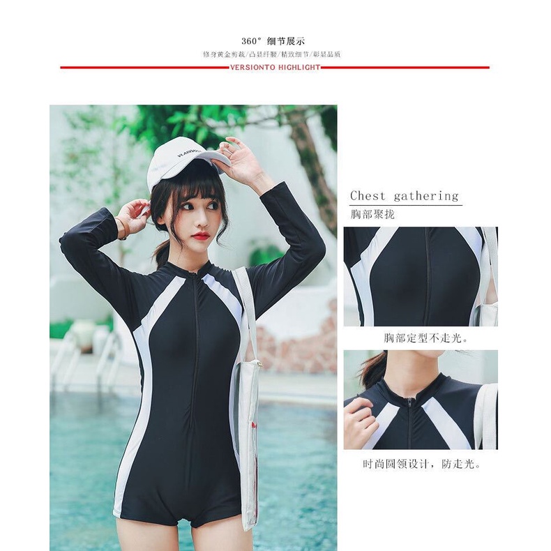 Đồ bơi, Bodysuit 1 mảnh liền thân có tay ngắn, tay dài FORM SHORT đen viền trắng kín đáo