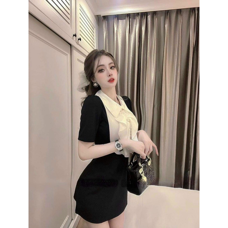 Đầm nữ thời trang mặc đi chơi chất cotton lạnh chéo nhung cổ nơ phối bèo tay ngắn cao cấp