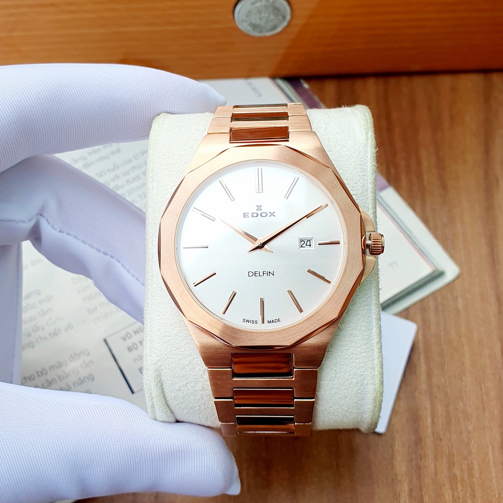 Đồng hồ nam chính hãng Edox Delfin Rose Gold Steel - Máy quartz pin - Kính Sapphire nguyên khối