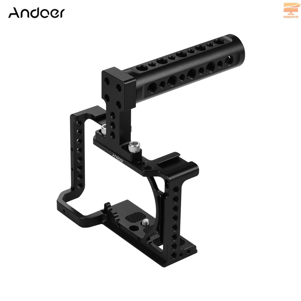 Andoer Professional Photography Camera Cage Kit Aluminum Alloy Camera Case Bracket with 1/4" 3/8" Extension Thread Holes Cold Shoe Mount Metal Handle Mini Wrench Compatible with Sony A6600,A6500,A6400,A6300,A6000