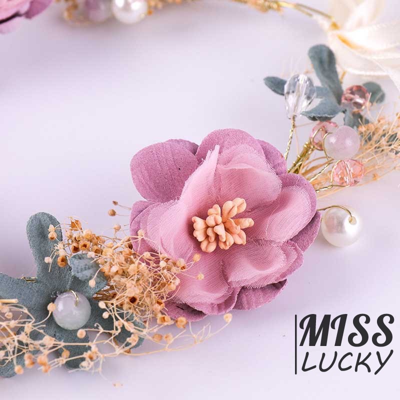 Vòng hoa vải trang trí ngọc trai giả phong cách bohemian cho cô dâu