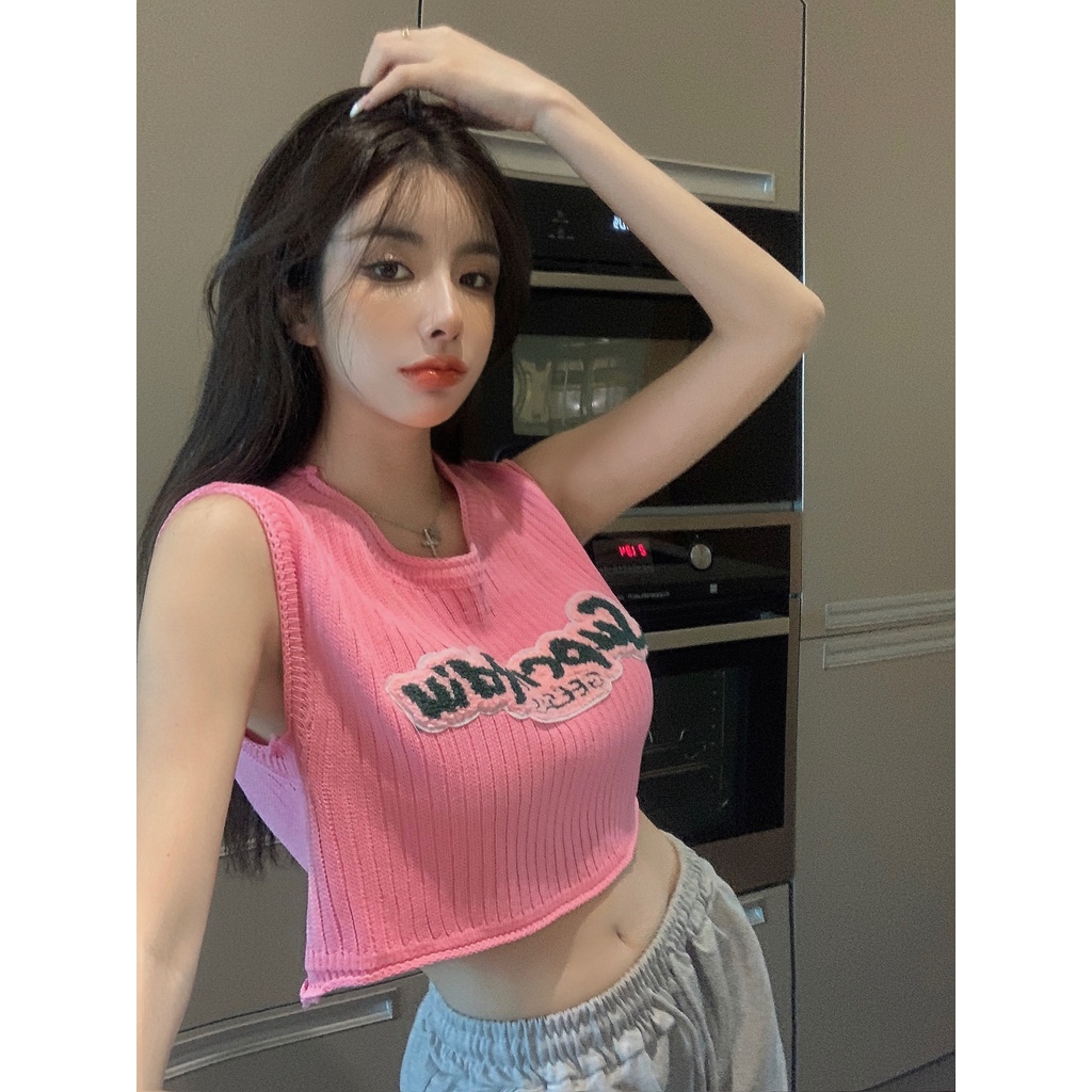 [L2M] Áo len nữ Montoghi dệt kim Quảng Châu MÙA HÈ dáng croptop thêu chữ nổi xinh xắn