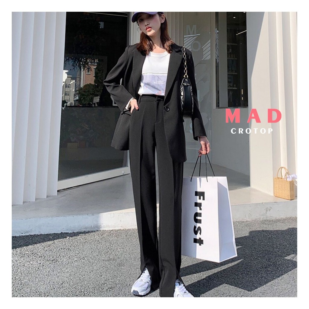 Quần Ống Loe Màu Đen Viền Kẻ Ống Đứng Xẻ Gấu Thời Thượng MADCROTOP QRM103 | BigBuy360 - bigbuy360.vn