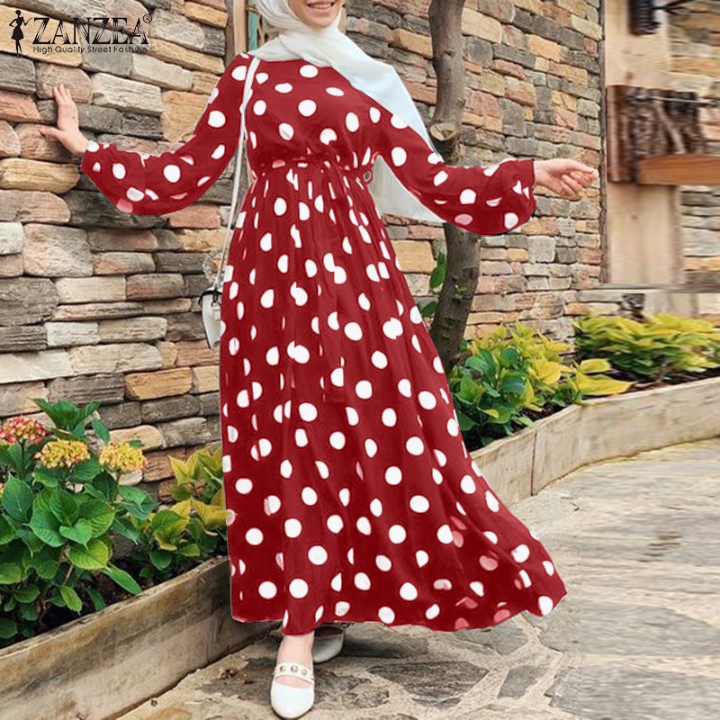 Zanzea Đầm Maxi Tay Dài Hoạ Tiết Chấm Bi Cho Phụ Nữ Islam