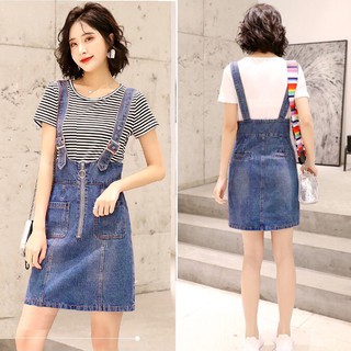 Đầm Yếm Jean Nữ Dây Kéo Trước Wash Cào  Duyên Dáng