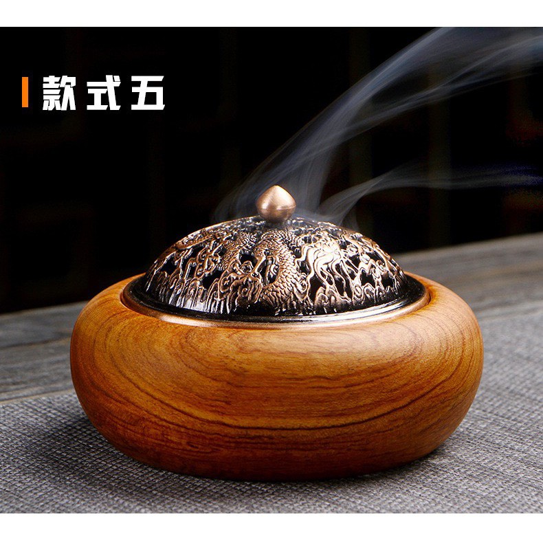 Lư đốt trầm hương LDT03 hình tròn 11x7cm nhang nụ, nhang vòng bằng gỗ mun, gỗ gụ chống cháy