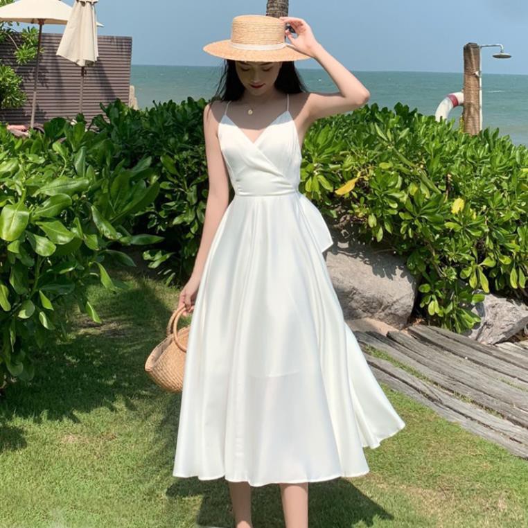 (ORDER) Váy maxi trắng đi biển mùa hè hở lưng đan chéo gợi cảm thắt nơ vintage mùa hè new