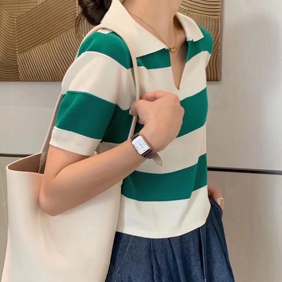 Áo thun polo ZHELIHANGFEI dệt kim tay ngắn kẻ sọc dễ phối đồ sành điệu