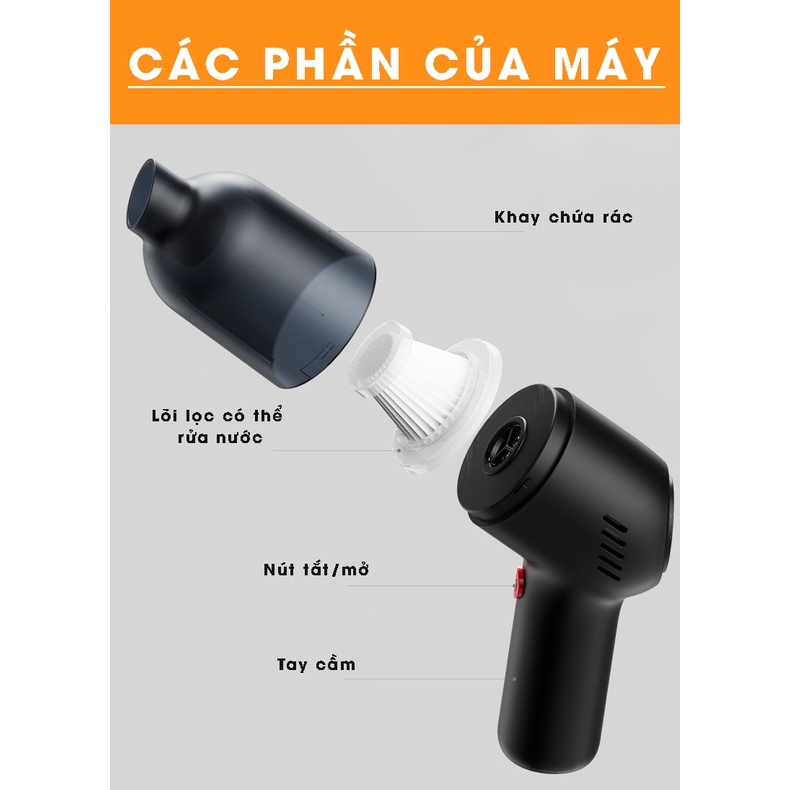 Máy Hút Bụi Xe Hơi, Văn Phòng Cầm Tay Mini Không Dây 3 Đầu, Lực Hút Siêu Mạnh 9000PA 120W - Kèm Dây Sạc USB