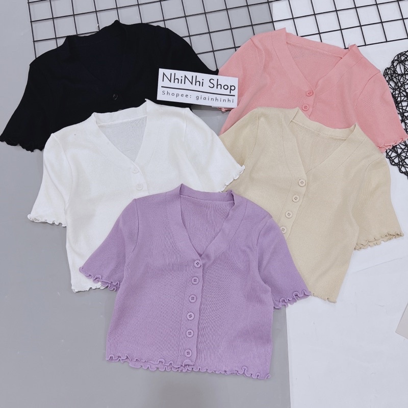 Áo len croptop cổ V cài cúc ngắn tay, Áo kiểu dáng ngắn cổ tim AL5114 - NhiNhi Shop