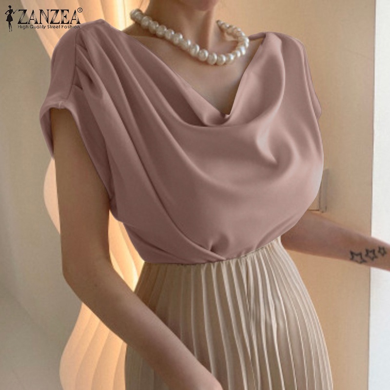 Áo kiểu ZANZEA xếp ly vải satin mỏng thời trang thanh lịch cho nữ
