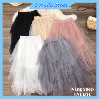 Chân váy dài nhiều tầng LOZADO chân váy voan lưới xếp ly chéo xòe bồng CV27