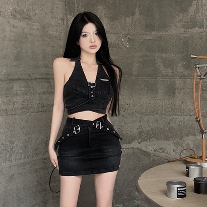 Bộ Áo Denim Ngắn Dáng Ôm Co Giãn + Chân Váy Denim Lưng Cao Phong Cách Hàn Quốc Thời Trang Mùa Hè Mới Cho Nữ