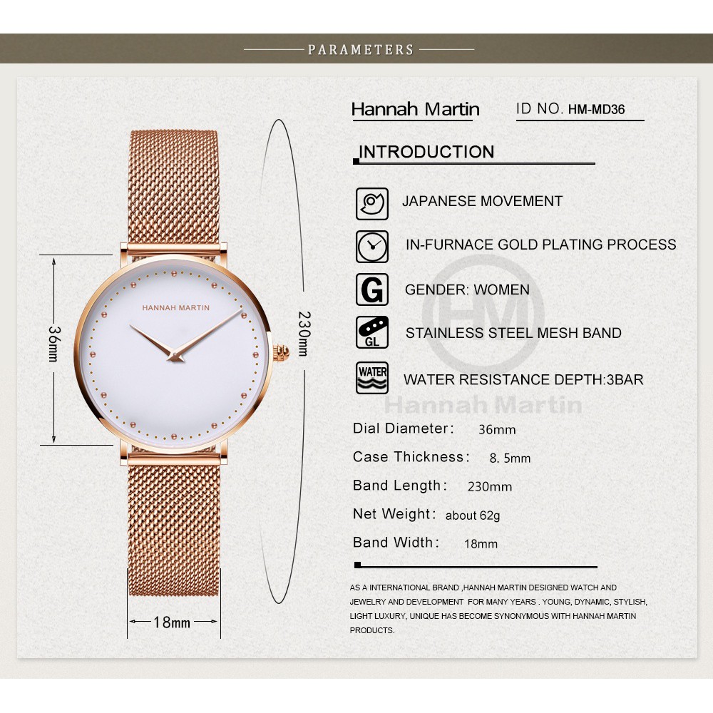 Đồng hồ nữ HANNAH MARTIN chính hãng - Model HM-MD36 - dây thép không gỉ - Bảo hành 1 | BigBuy360 - bigbuy360.vn